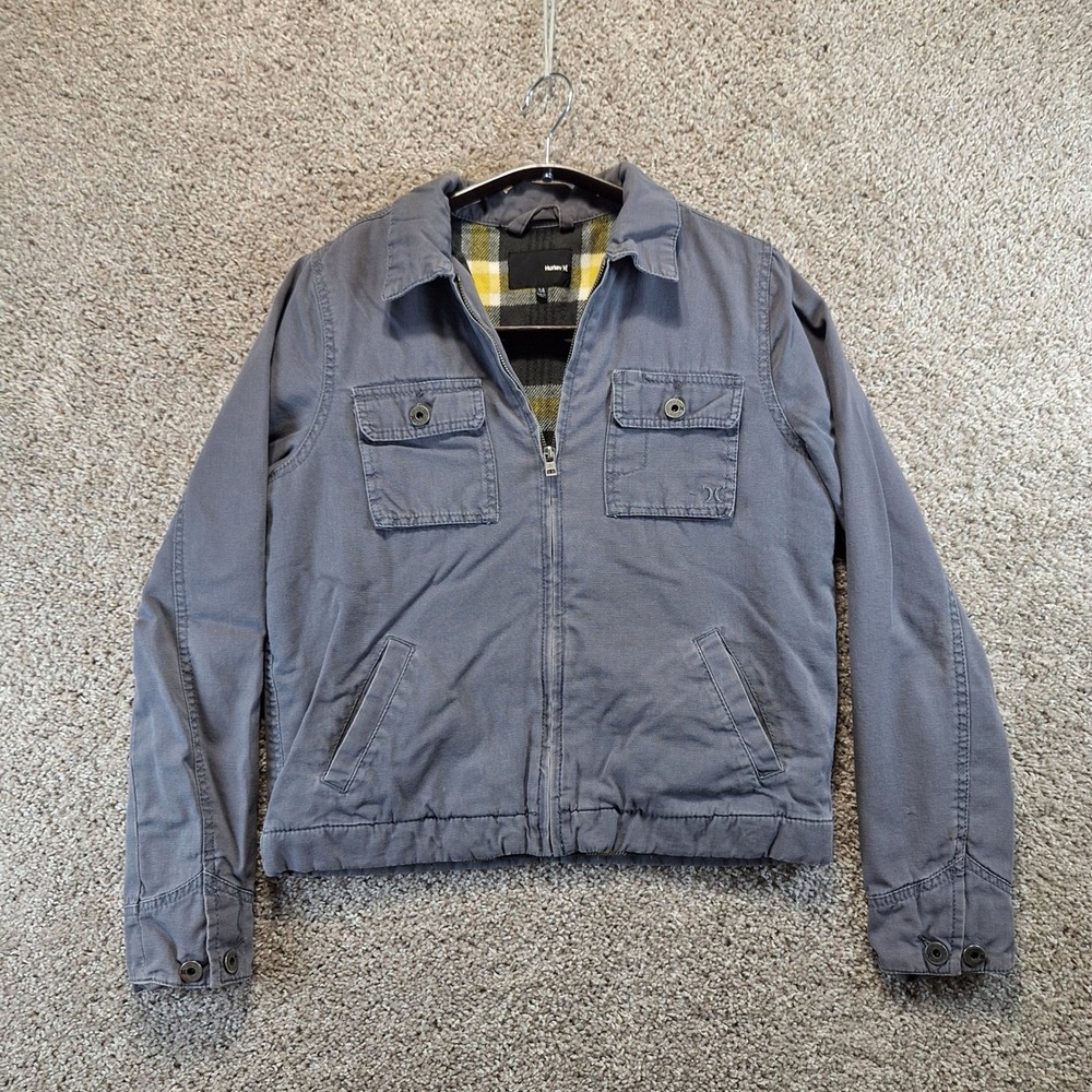 Hurley Jacket Mens Medium Gray Full Zip Plaid Lined Workwear Utility Outerwear